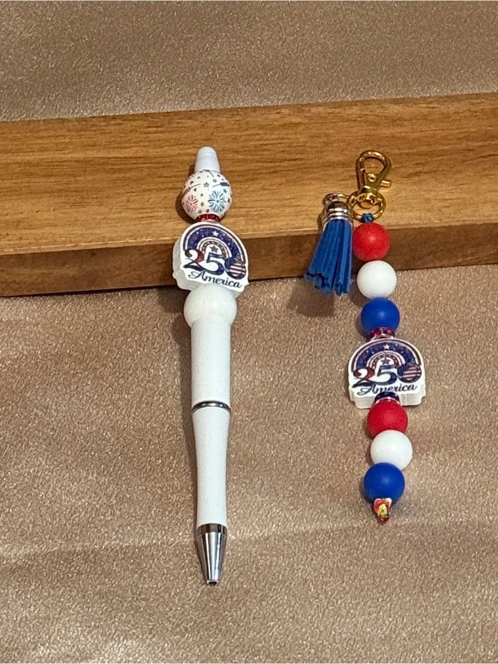 Patriotic 4th of July Beaded Pen Keychain Wristlet Set USA Gnome Gift BTJ